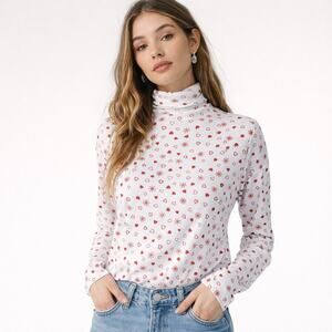 Vintage Valentines Heart Red Snowflake Print Turrtleneck Shirt Top L